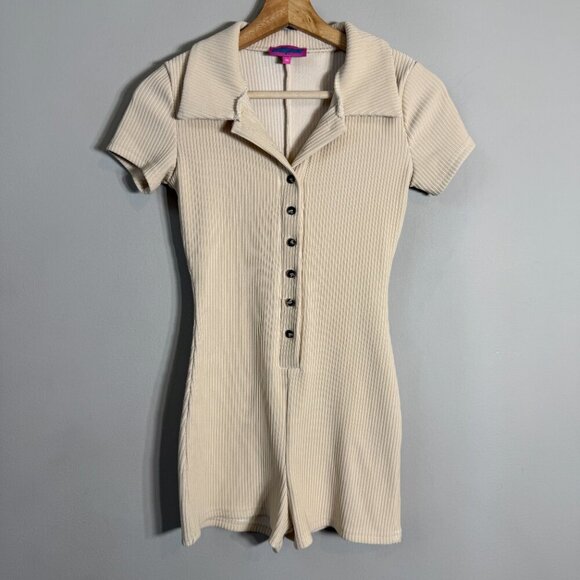 Edikted Lucia Ribbed Romper Women's XS Tan Button Up Collared Micro Mini Bodycon - Picture 5 of 15